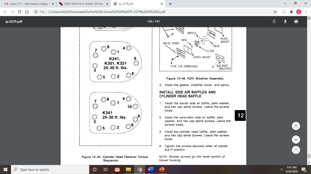 Kohler Head Bolt Torque Specs